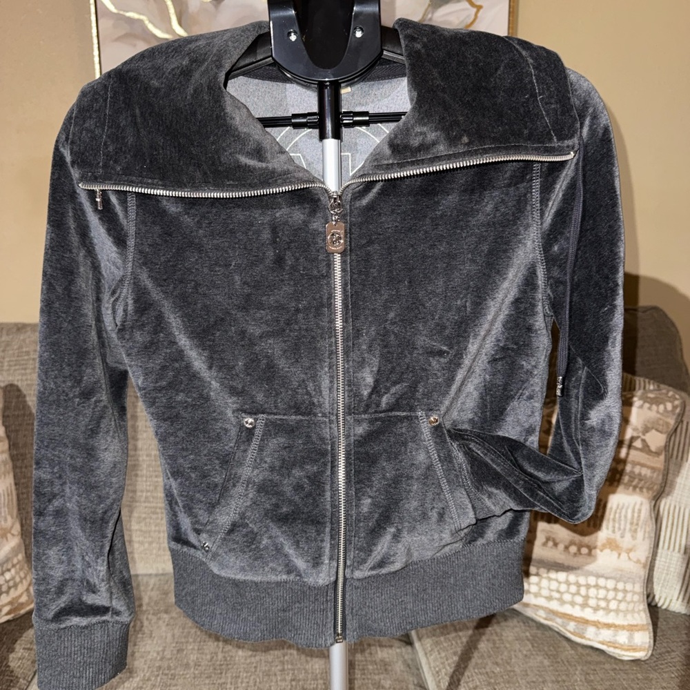Michael Kors Womens Gray Velour Zip Up Track Jacket Petite Small MK Logo P/S